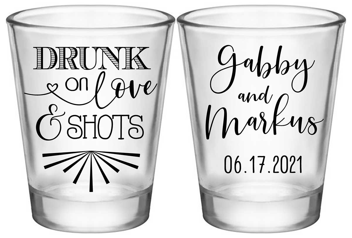 Drunk On Love & Shots 1A2 Standard 1.75oz Clear Shot Glasses Funny Wedding Gifts for Guests