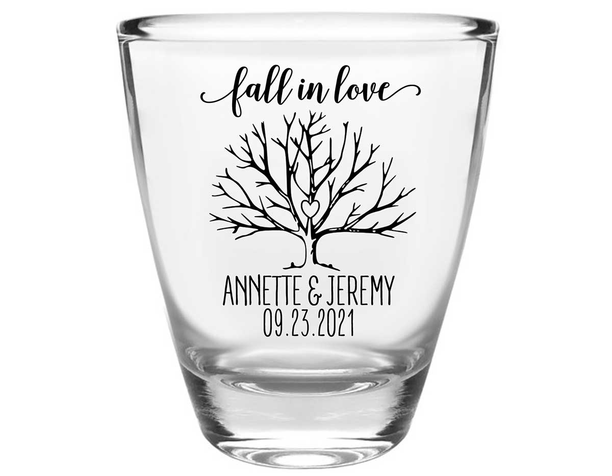 Fall In Love 4B Clear 1oz Round Barrel Shot Glasses Autumn Wedding Gifts for Guests