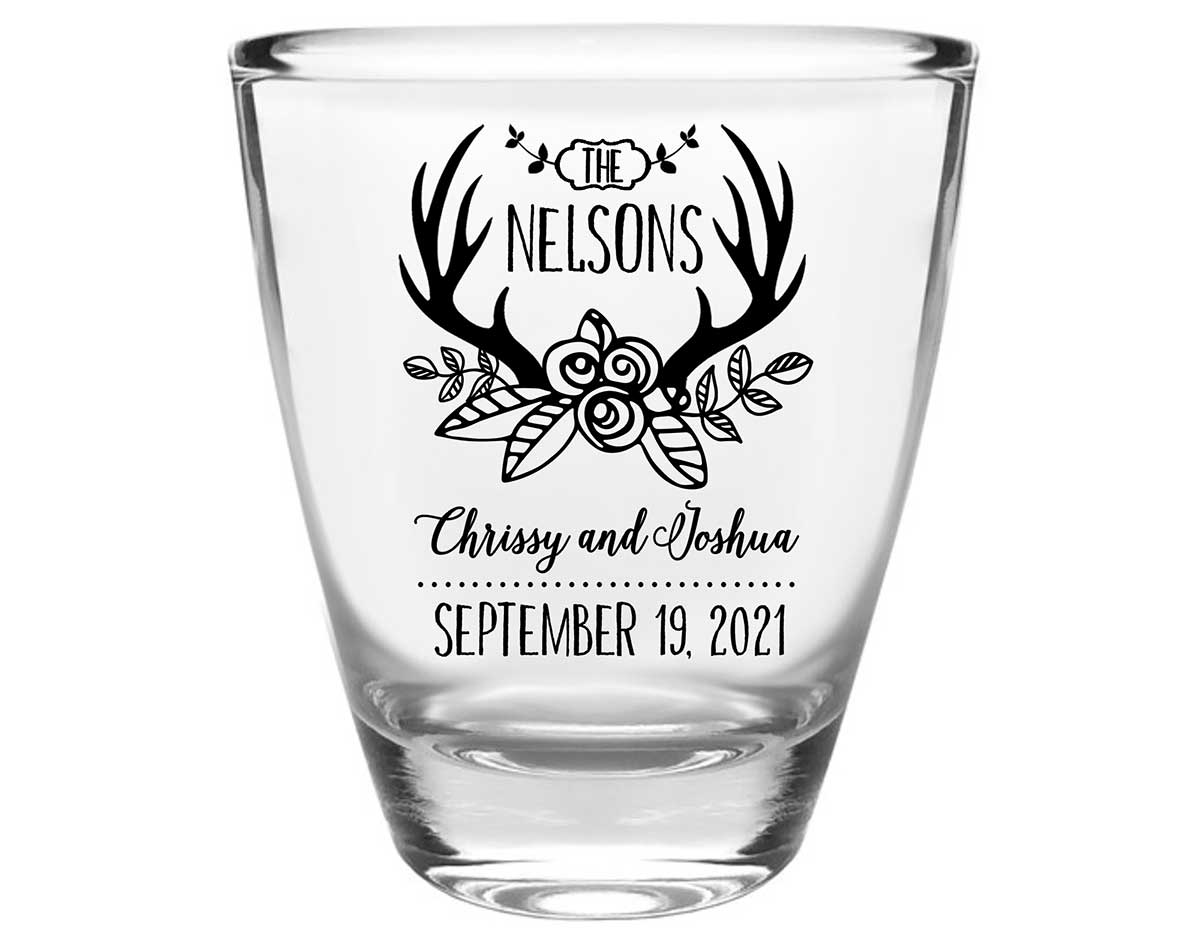 Floral Antlers 1A Clear 1oz Round Barrel Shot Glasses Rustic Wedding Gifts for Guests