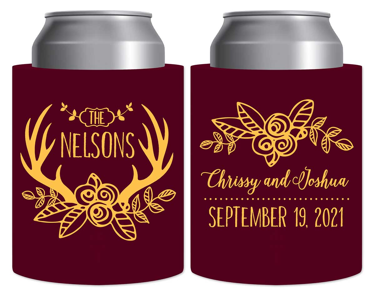 Floral Antlers 1A Thick Foam Can Koozies Rustic Wedding Gifts for Guests