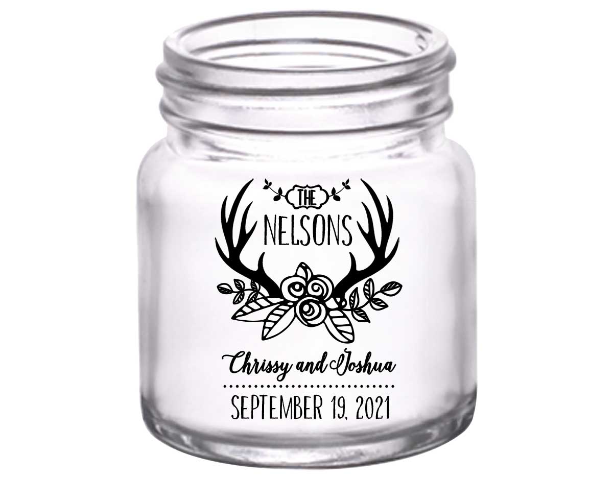 Floral Antlers 1A 2oz Mini Mason Shot Glasses Rustic Wedding Gifts for Guests