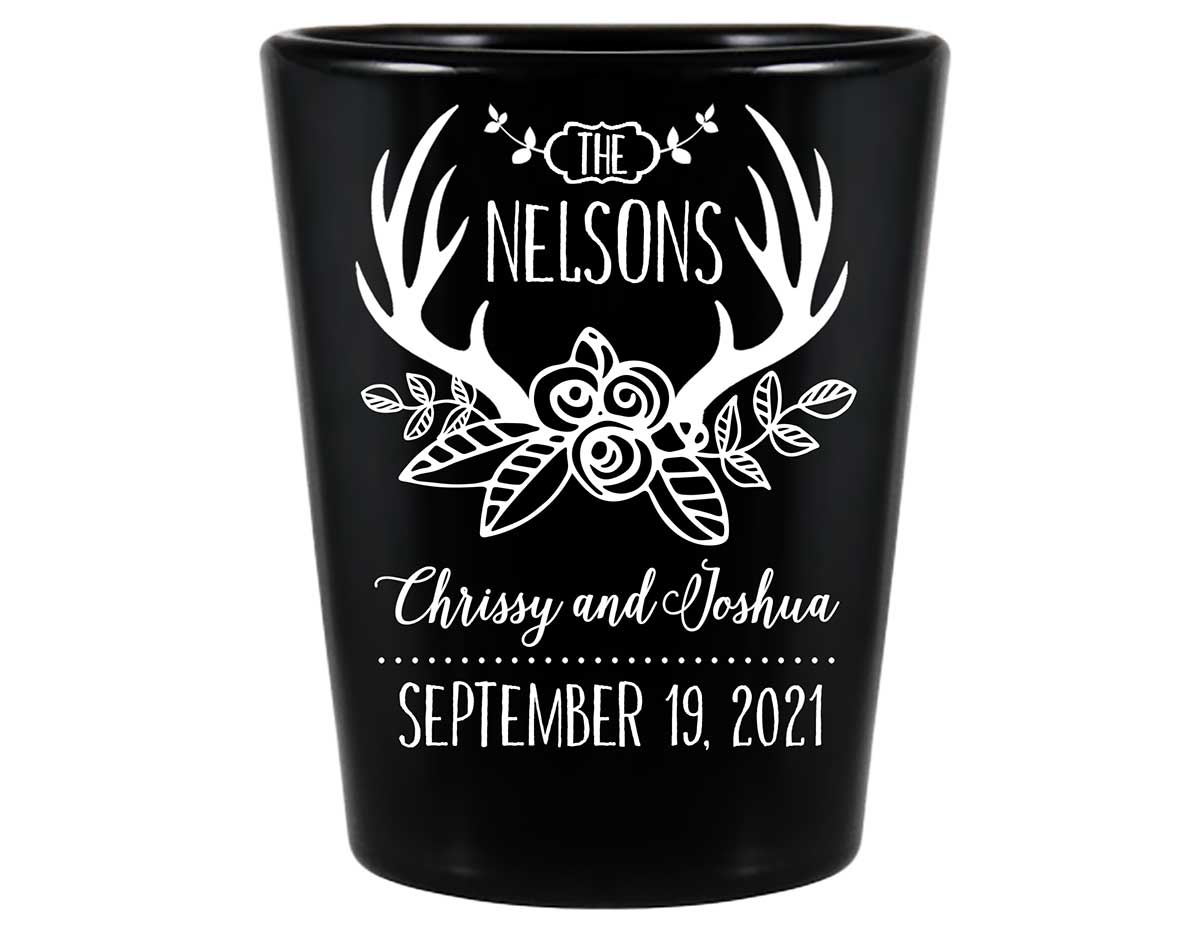 Floral Antlers 1A Standard 1.5oz Black Shot Glasses Rustic Wedding Gifts for Guests