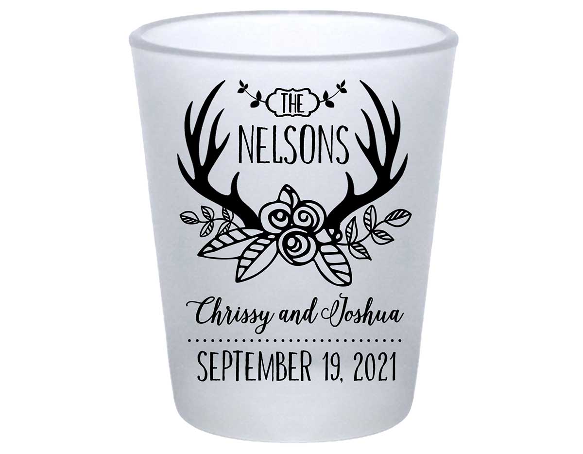 Floral Antlers 1A Standard 1.75oz Frosted Shot Glasses Rustic Wedding Gifts for Guests