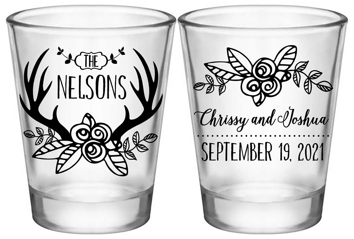 Floral Antlers 1A2 Standard 1.75oz Clear Shot Glasses Rustic Wedding Gifts for Guests