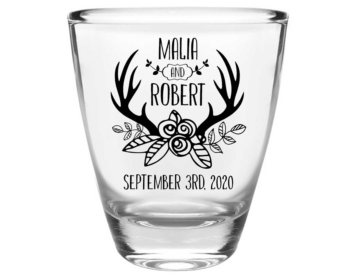 Floral Antlers 1B Clear 1oz Round Barrel Shot Glasses Rustic Wedding Gifts for Guests