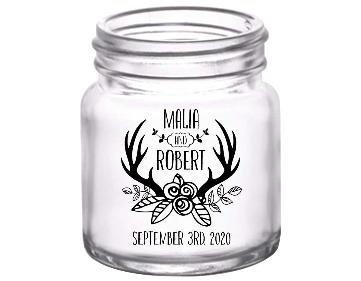 Floral Antlers 1B 2oz Mini Mason Shot Glasses Rustic Wedding Gifts for Guests