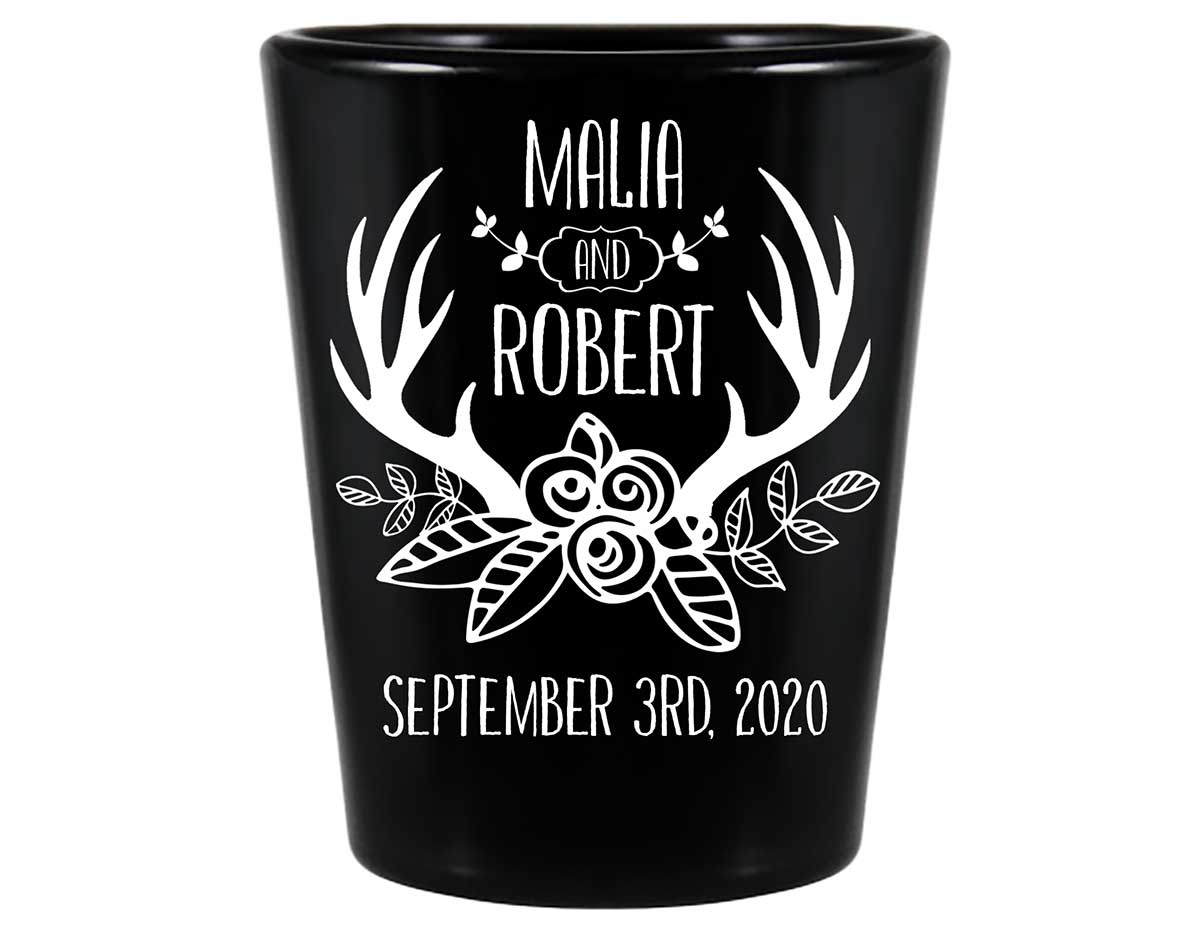 Floral Antlers 1B Standard 1.5oz Black Shot Glasses Rustic Wedding Gifts for Guests