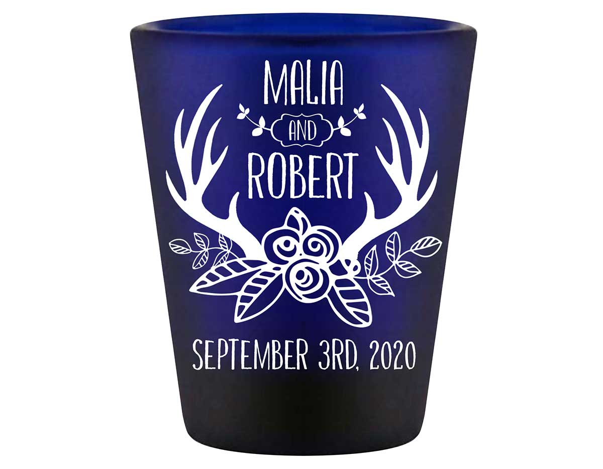 Floral Antlers 1B Standard 1.5oz Blue Shot Glasses Rustic Wedding Gifts for Guests