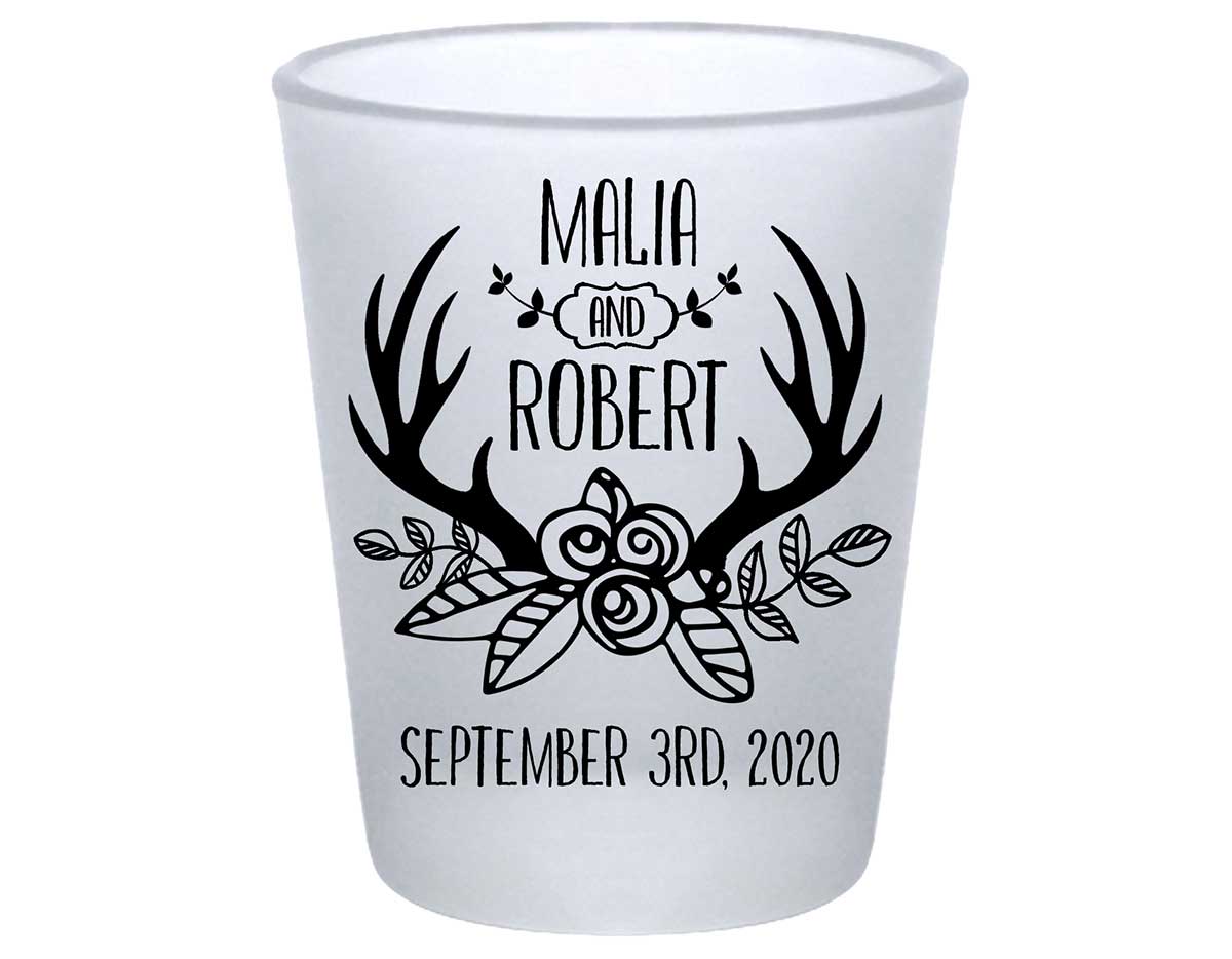 Floral Antlers 1B Standard 1.75oz Frosted Shot Glasses Rustic Wedding Gifts for Guests