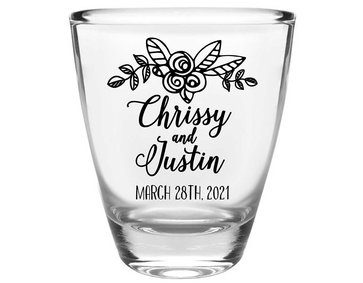 Floral Love 1A Clear 1oz Round Barrel Shot Glasses Rustic Wedding Gifts for Guests