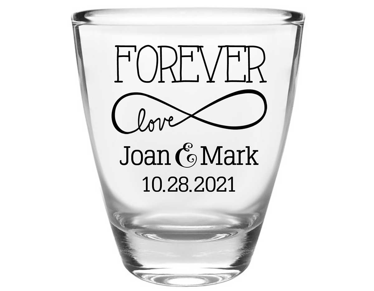 Forever Love 2A Clear 1oz Round Barrel Shot Glasses Romantic Wedding Gifts for Guests