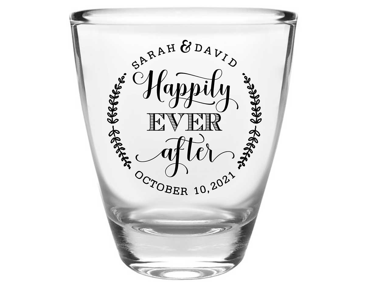 Happily Ever After 1A Clear 1oz Round Barrel Shot Glasses Fairytale Wedding Gifts for Guests