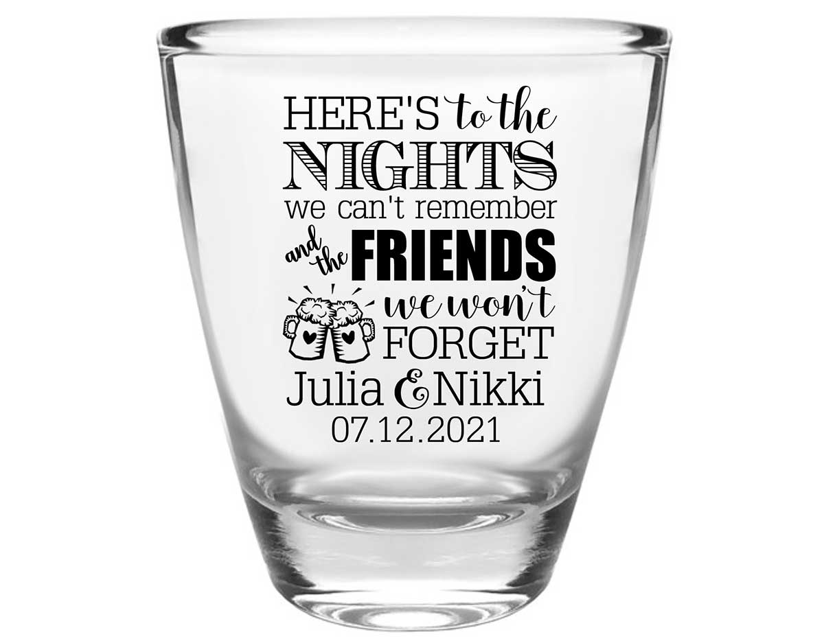 Here's to Nights We Can't Remember 1A Clear 1oz Round Barrel Shot Glasses Rustic Wedding Gifts for Guests