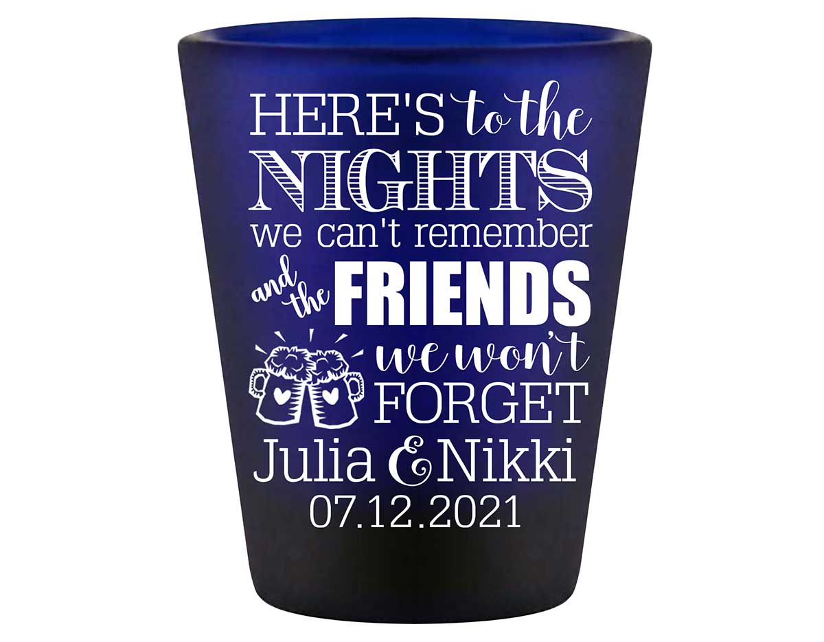 Here's to Nights We Can't Remember 1A Standard 1.5oz Blue Shot Glasses Rustic Wedding Gifts for Guests