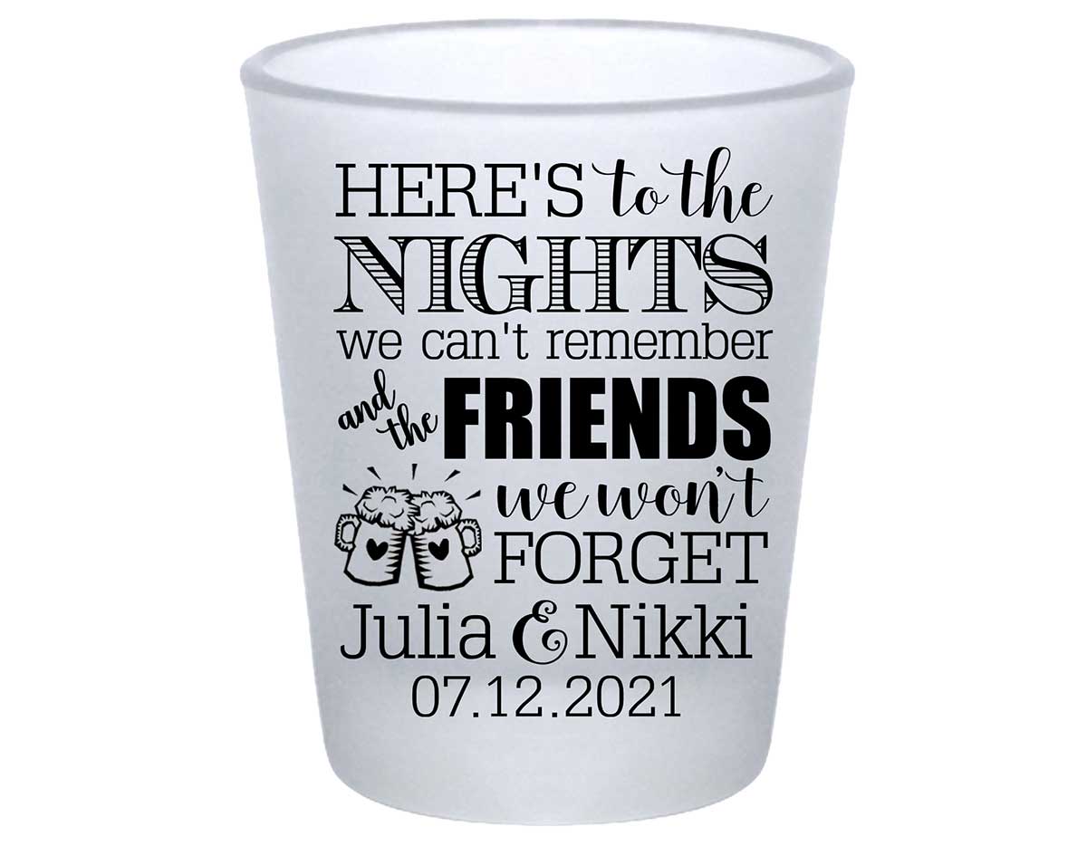 Here's to Nights We Can't Remember 1A Standard 1.75oz Frosted Shot Glasses Rustic Wedding Gifts for Guests