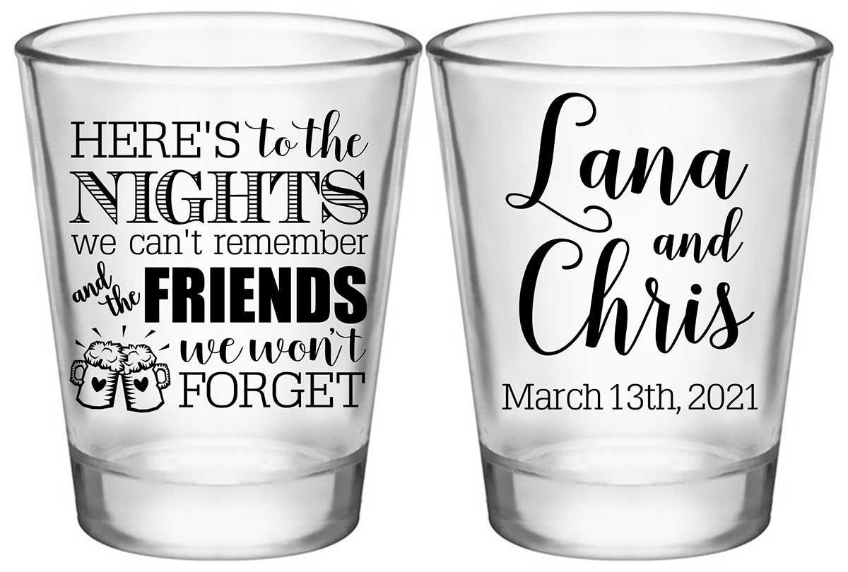 Here's to Nights We Can't Remember 1A2 Standard 1.75oz Clear Shot Glasses Rustic Wedding Gifts for Guests