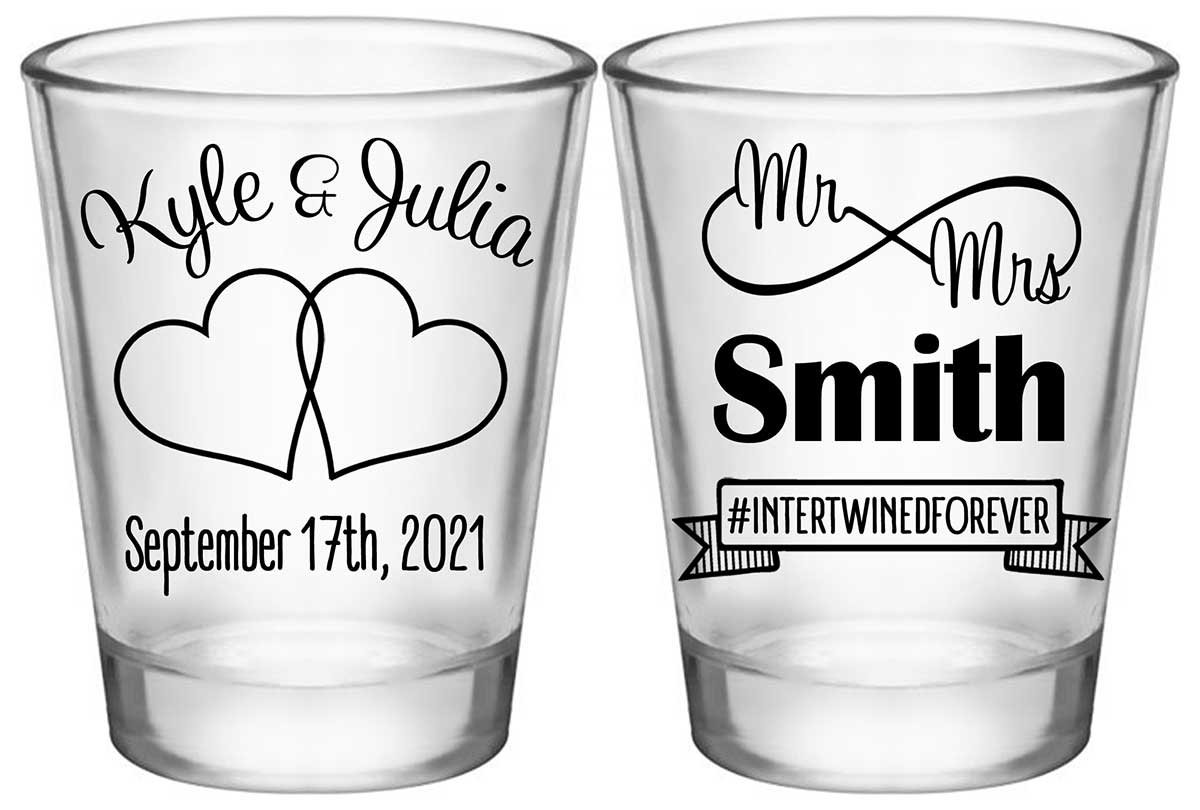 Intertwined Hearts 5A2 Mr & Mrs Standard 1.75oz Clear Shot Glasses Romantic Wedding Gifts for Guests