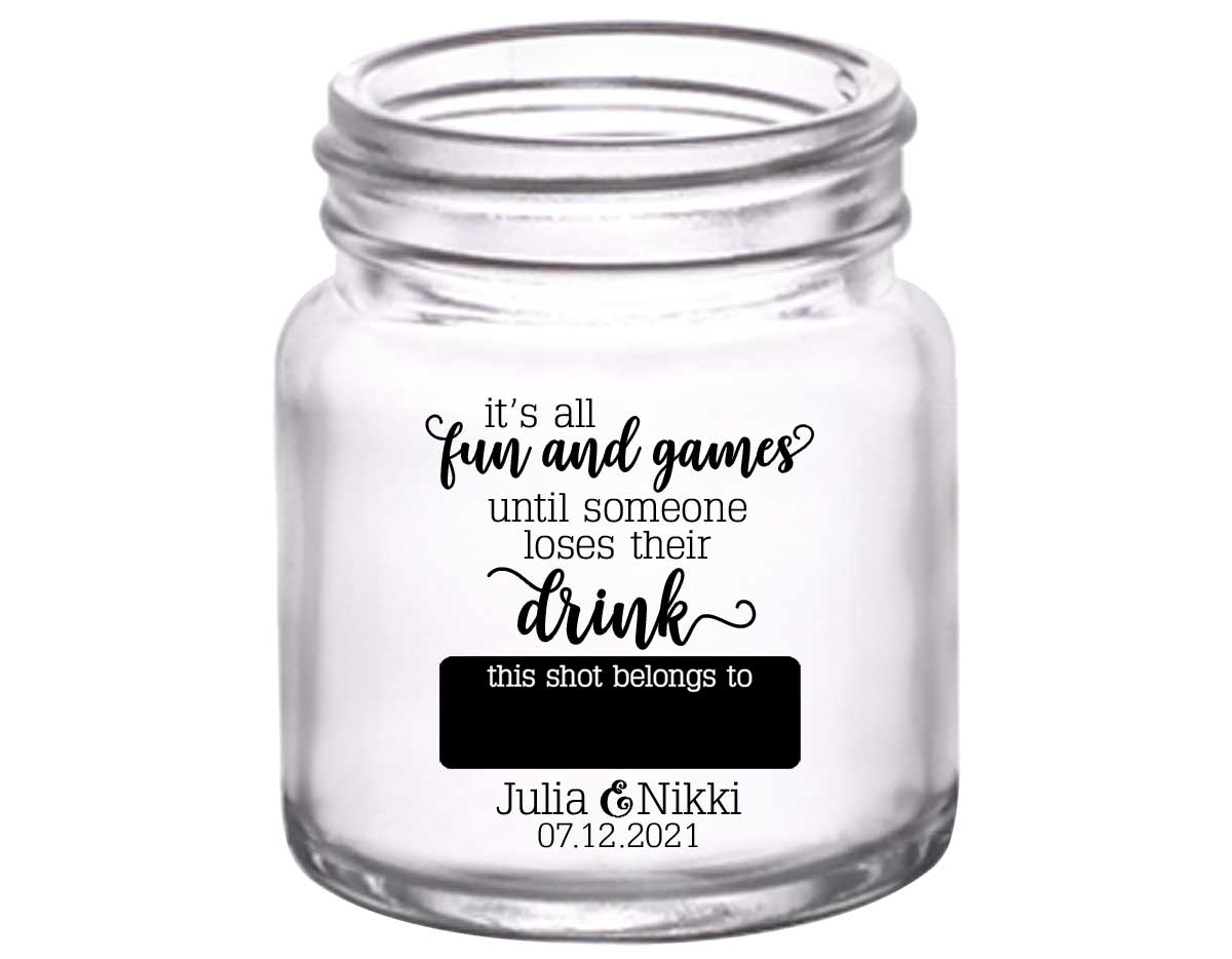 It's All Fun & Games 1A Name Tag 2oz Mini Mason Shot Glasses Funny Wedding Gifts for Guests