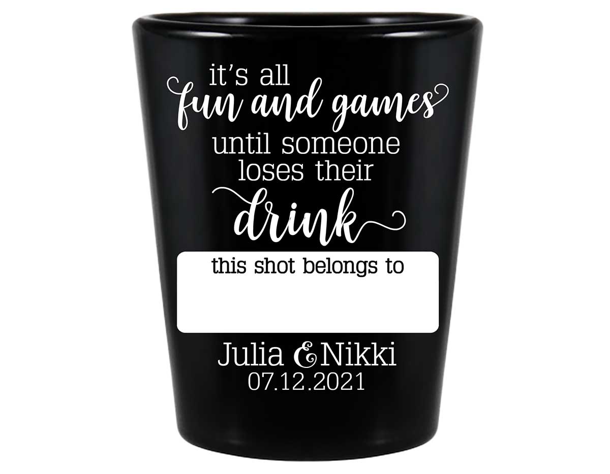 It's All Fun & Games 1A Name Tag Standard 1.5oz Black Shot Glasses Funny Wedding Gifts for Guests
