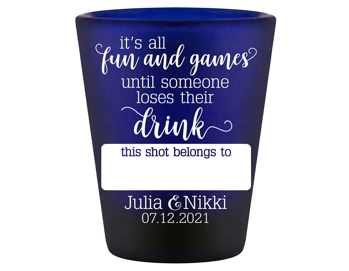 It's All Fun & Games 1A Name Tag Standard 1.5oz Blue Shot Glasses Funny Wedding Gifts for Guests