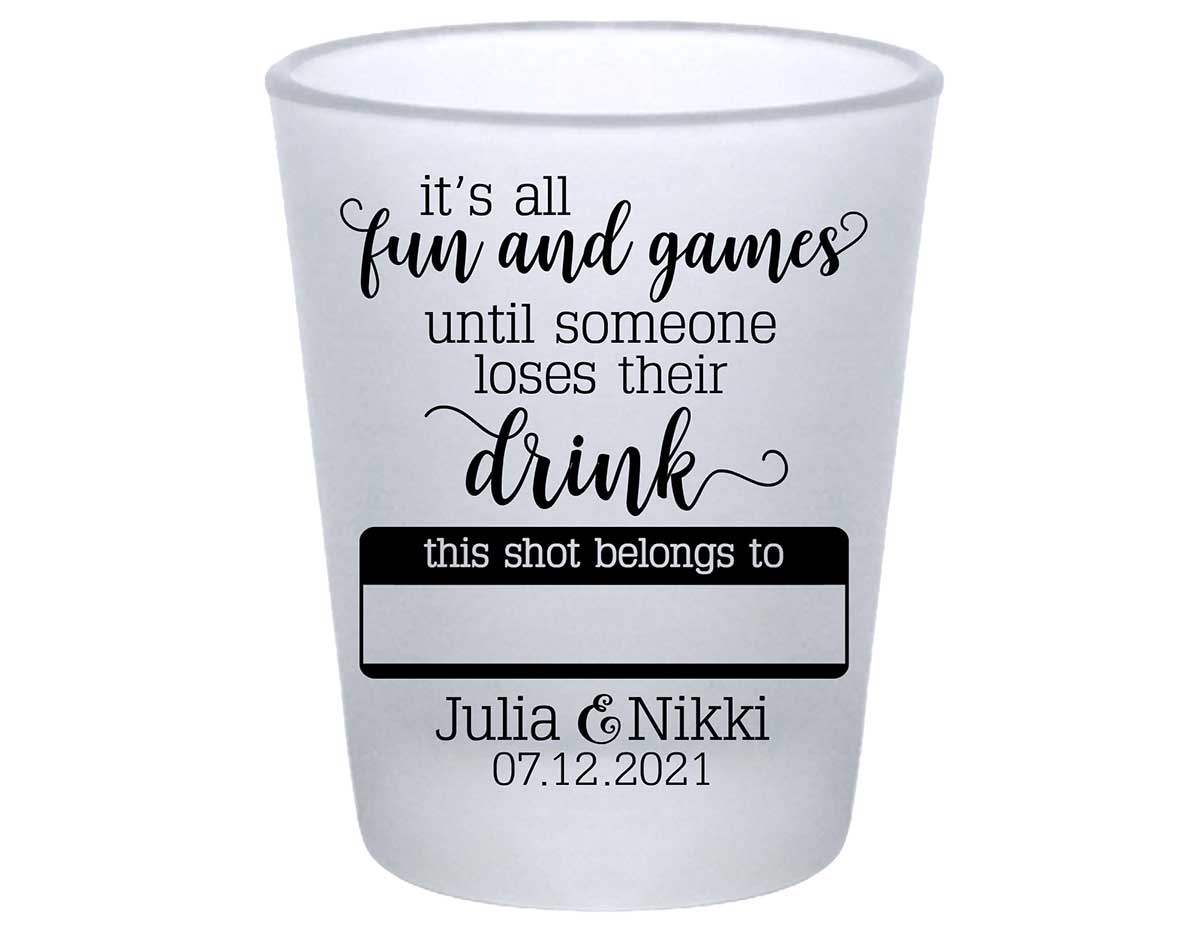 It's All Fun & Games 1A Name Tag Standard 1.75oz Frosted Shot Glasses Funny Wedding Gifts for Guests