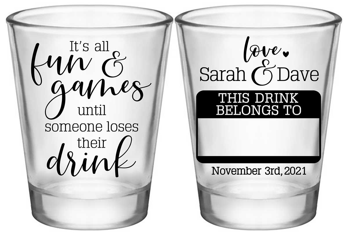 It's All Fun & Games 1B2 Name Tag Standard 1.75oz Clear Shot Glasses Funny Wedding Gifts for Guests