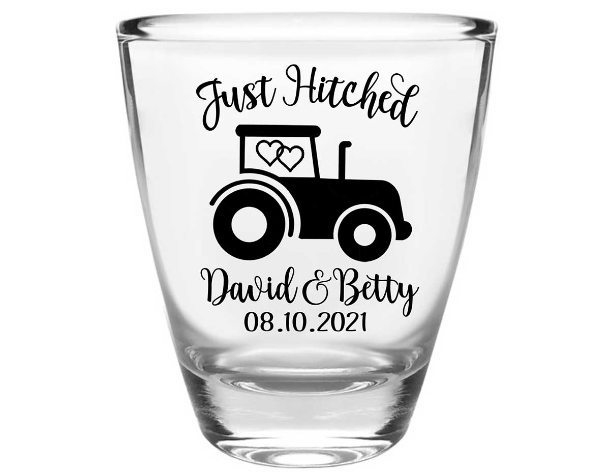 Just Hitched 1A Tractor Design Clear 1oz Round Barrel Shot Glasses Country Wedding Gifts for Guests