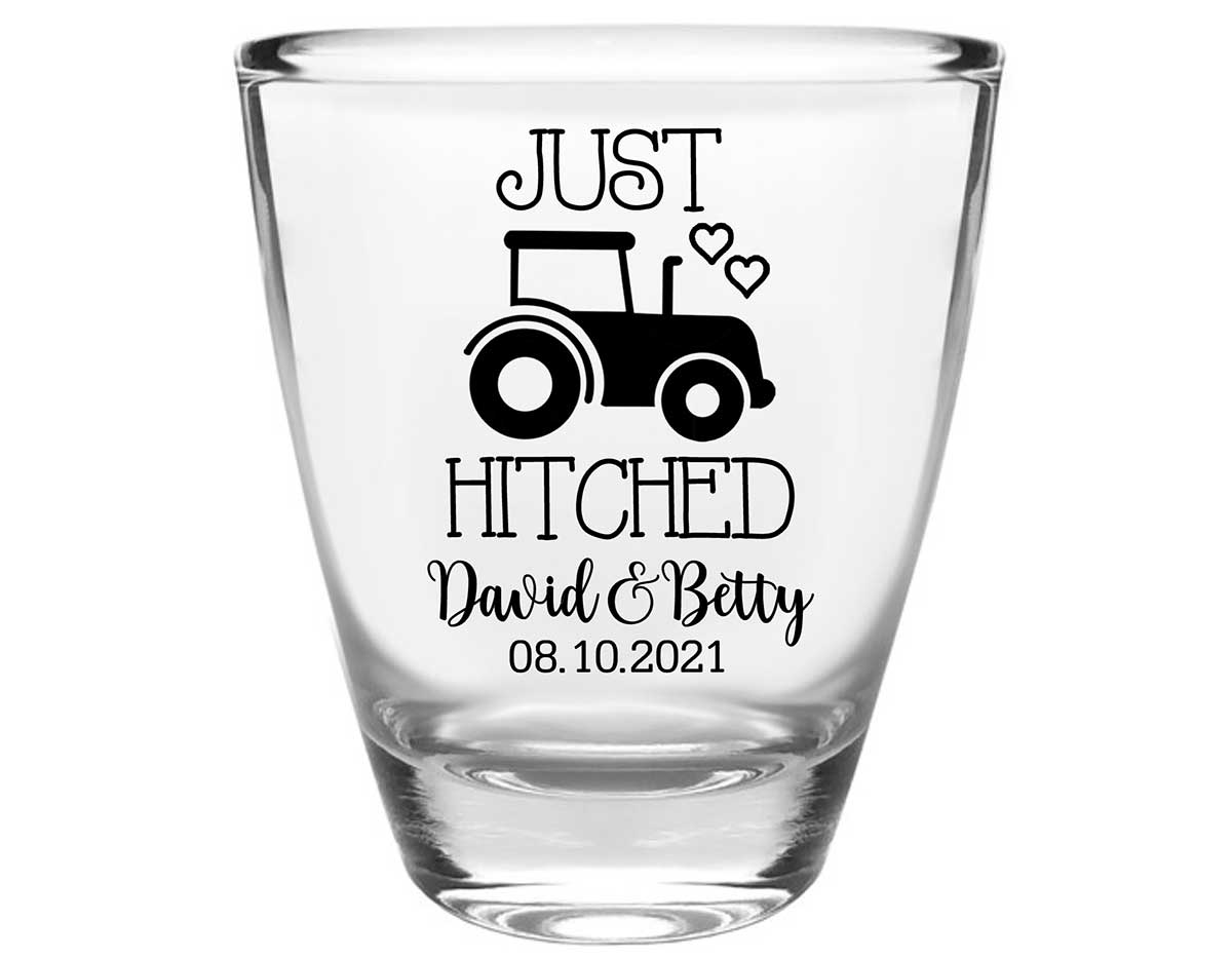 Just Hitched 1B Tractor Design Clear 1oz Round Barrel Shot Glasses Country Wedding Gifts for Guests