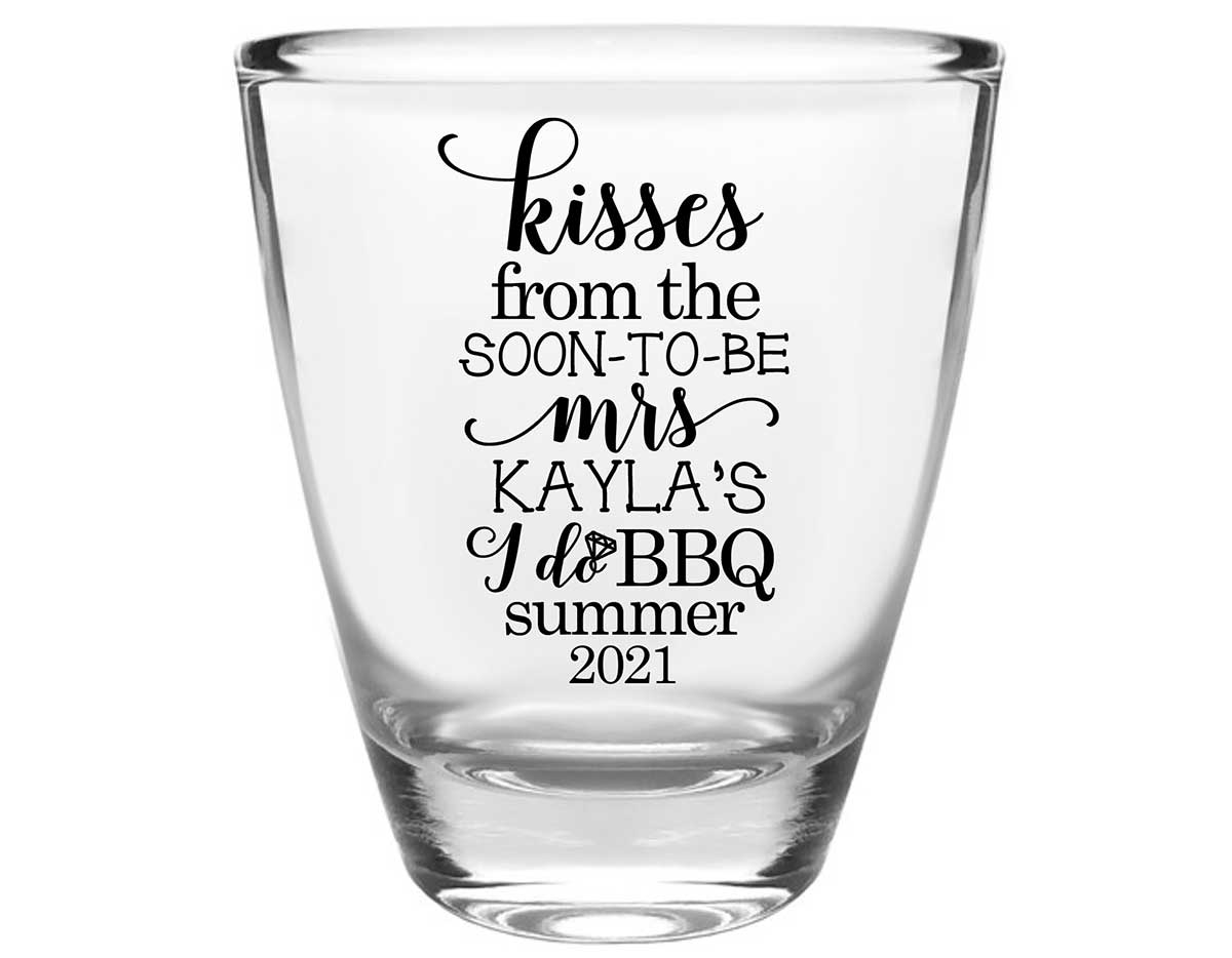Kisses From The Soon-To-Be Mrs 1A Clear 1oz Round Barrel Shot Glasses Rustic Engagement Party Gifts for Guests