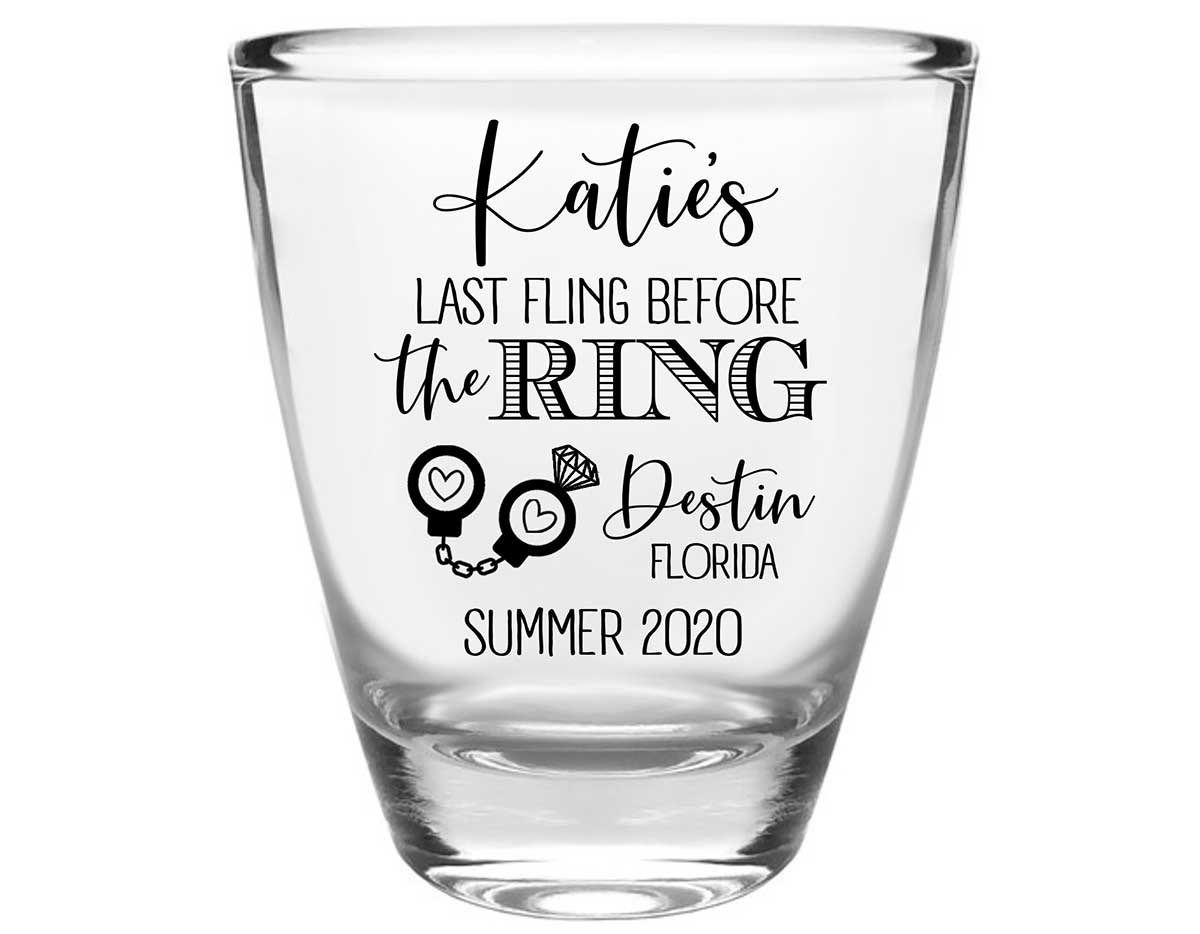 Last Fling Before The Ring 1A Clear 1oz Round Barrel Shot Glasses Cute Bachelorette Party Gifts for Guests
