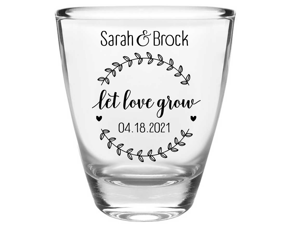 Let Love Grow 2A Clear 1oz Round Barrel Shot Glasses Spring Wedding Gifts for Guests