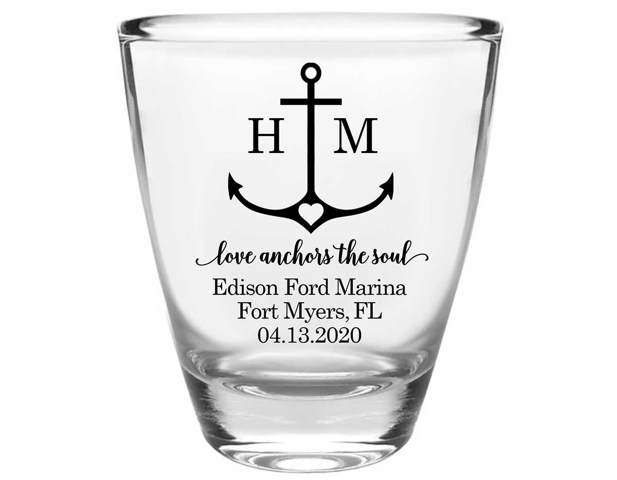 Love Anchors The Soul 2A Clear 1oz Round Barrel Shot Glasses Nautical Wedding Gifts for Guests