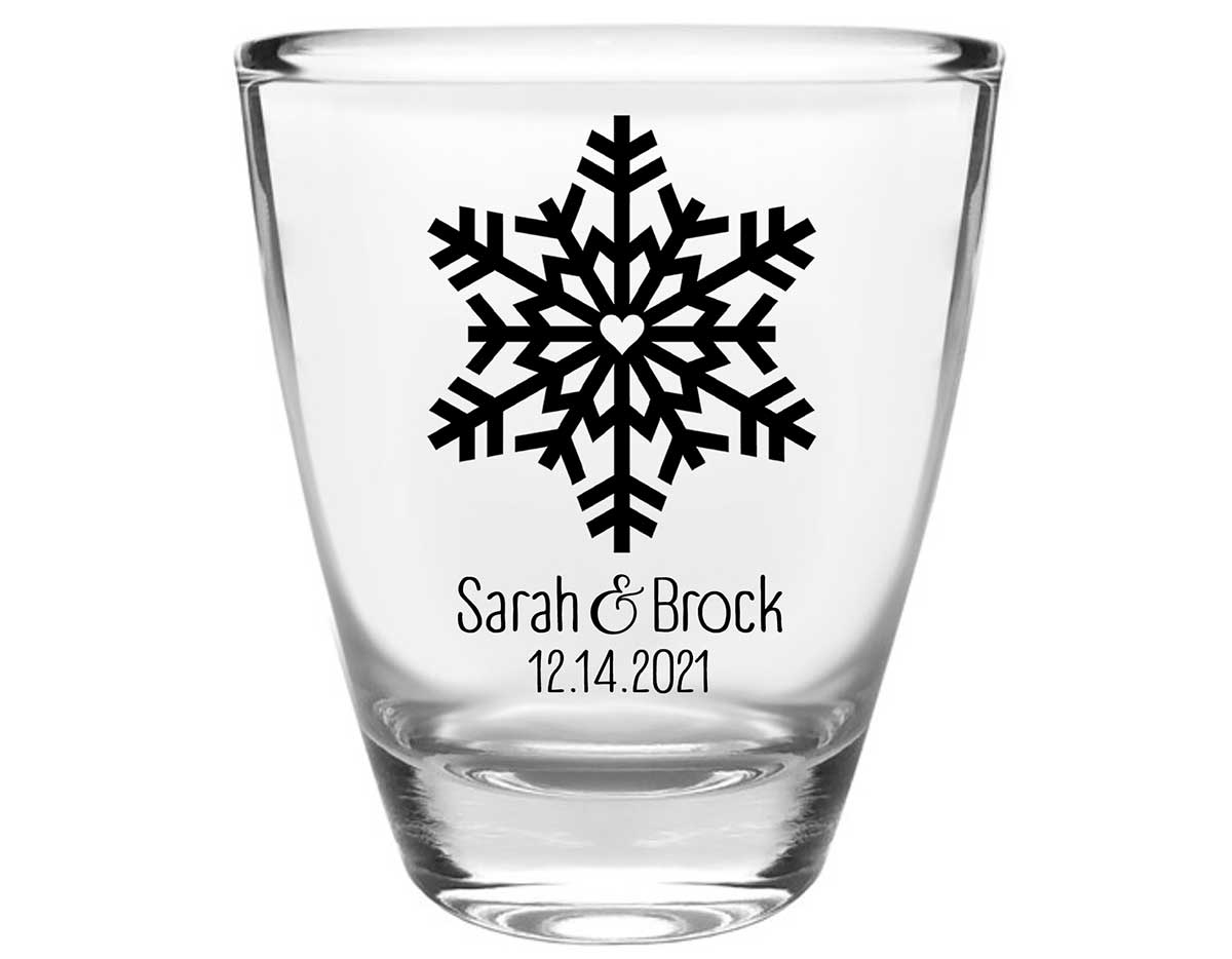 Love Snowflake 1A Clear 1oz Round Barrel Shot Glasses Winter Wedding Gifts for Guests