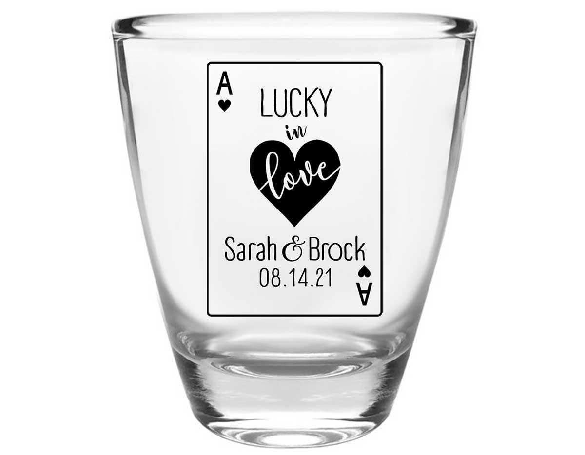 Lucky In Love 1A Vegas Wedding Clear 1oz Round Barrel Shot Glasses Casino Wedding Gifts for Guests