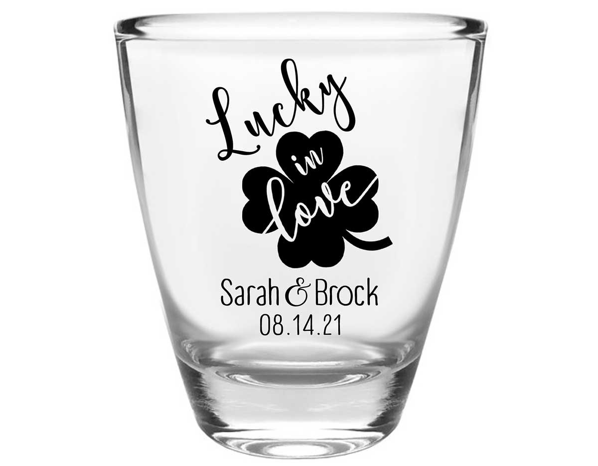 Lucky In Love 2A Irish Wedding Clear 1oz Round Barrel Shot Glasses Ireland Wedding Gifts for Guests