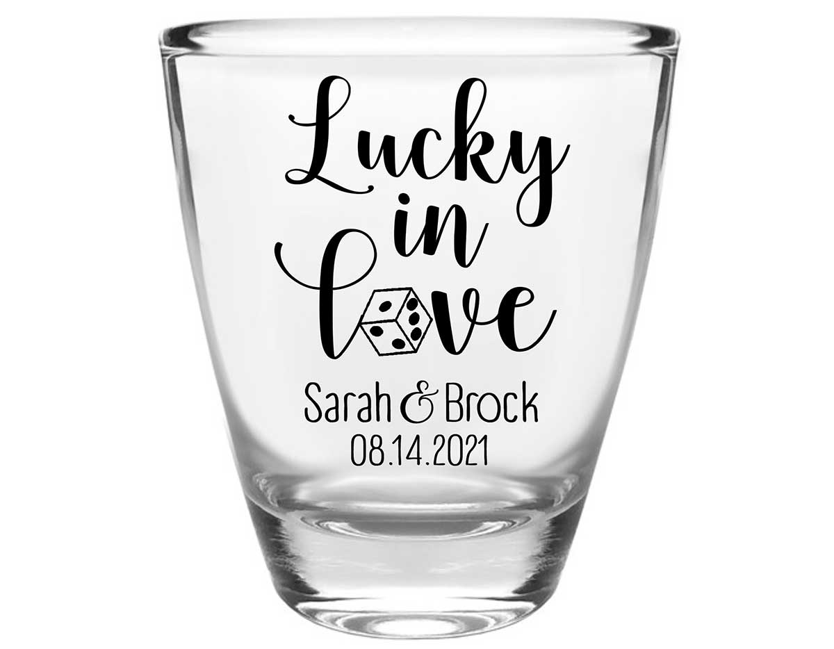 Lucky In Love 3A Casino Wedding Clear 1oz Round Barrel Shot Glasses Las Vegas Wedding Gifts for Guests