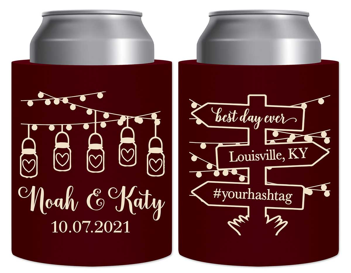 Mason Jar Lights 1A Post Sign Thick Foam Can Koozies Rustic Wedding Gifts for Guests