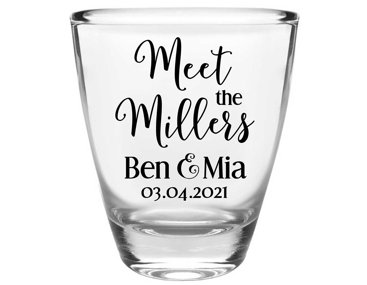 Meet The Mr & Mrs 1A Clear 1oz Round Barrel Shot Glasses Cute Wedding Gifts for Guests
