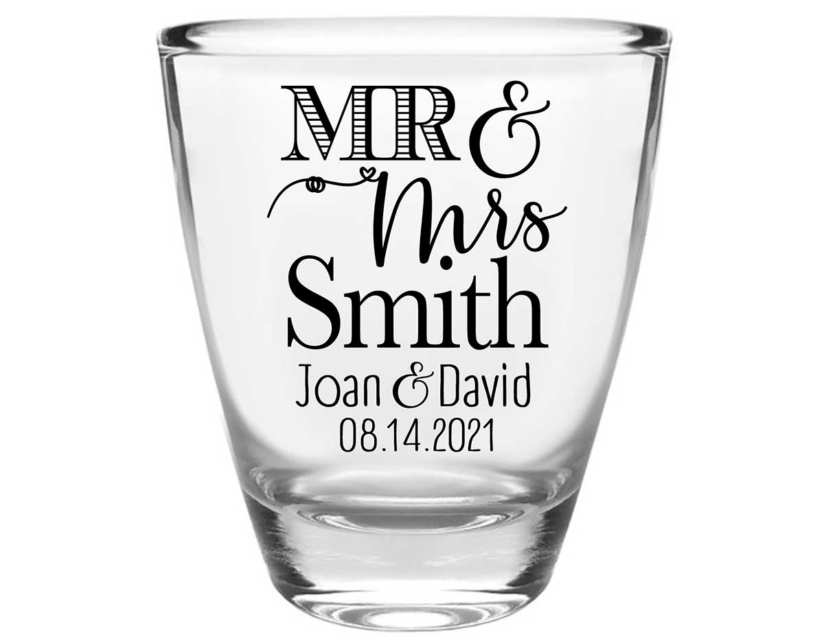 Mr & Mrs 1A Clear 1oz Round Barrel Shot Glasses Personalized Wedding Gifts for Guests