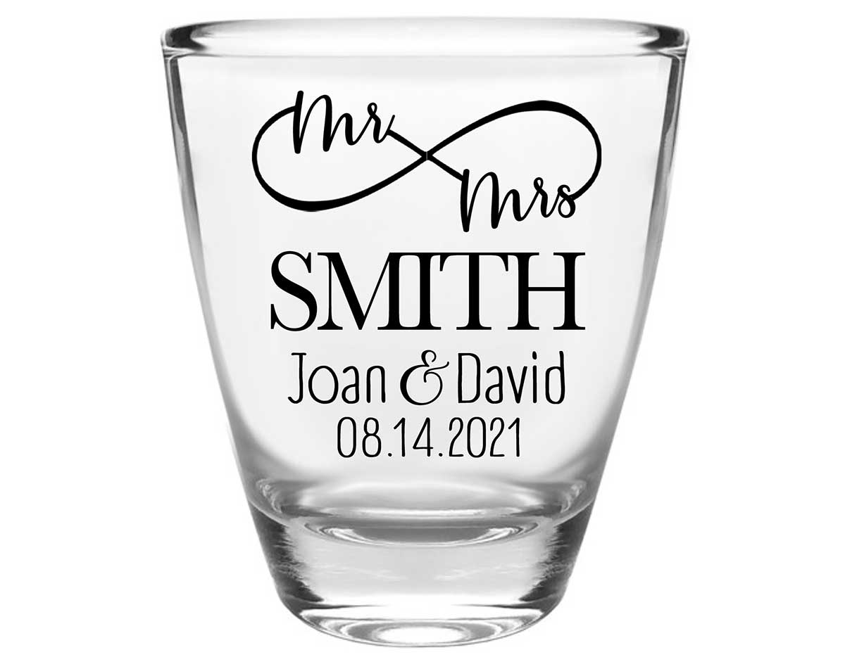 Mr & Mrs 2A Infinity Symbol Clear 1oz Round Barrel Shot Glasses Personalized Wedding Gifts for Guests