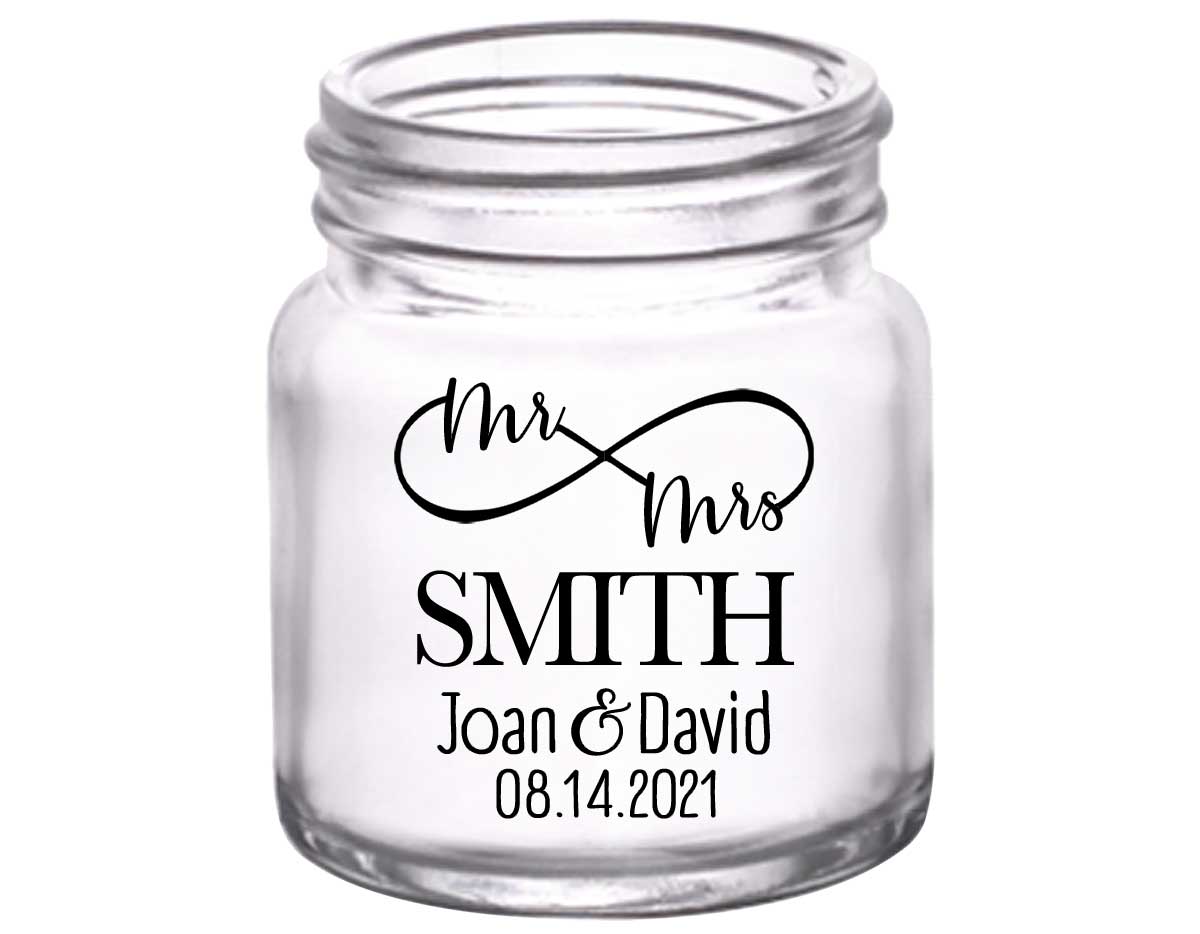 Mr & Mrs 2A Infinity Symbol 2oz Mini Mason Shot Glasses Personalized Wedding Gifts for Guests