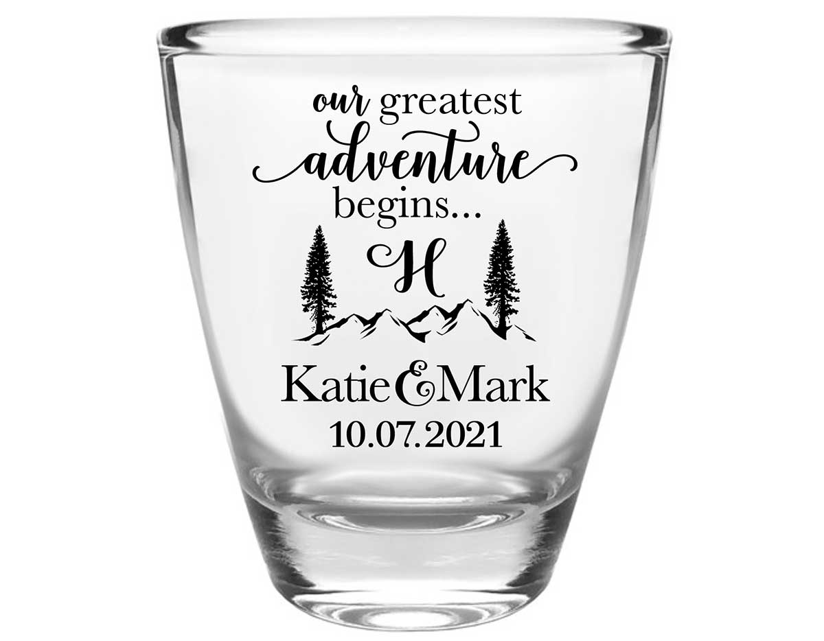 Our Greatest Adventure Begins 1B Clear 1oz Round Barrel Shot Glasses Destination Wedding Gifts for Guests