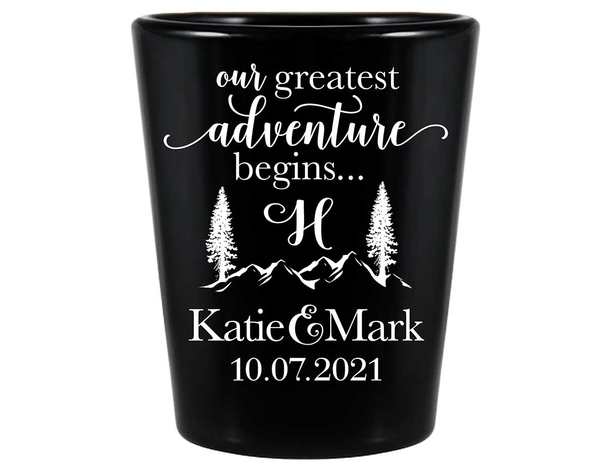 Our Greatest Adventure Begins 1B Standard 1.5oz Black Shot Glasses Destination Wedding Gifts for Guests