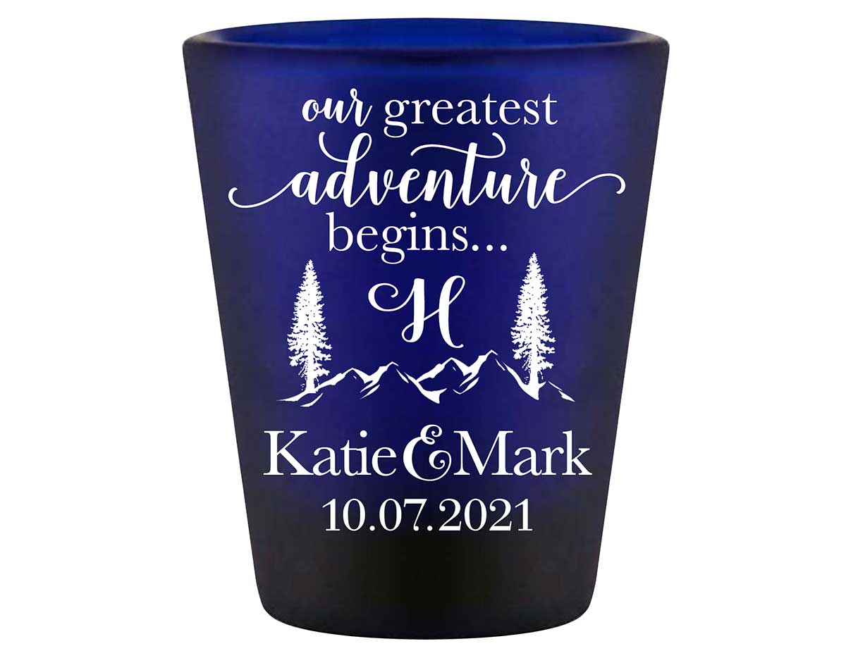 Our Greatest Adventure Begins 1B Standard 1.5oz Blue Shot Glasses Destination Wedding Gifts for Guests