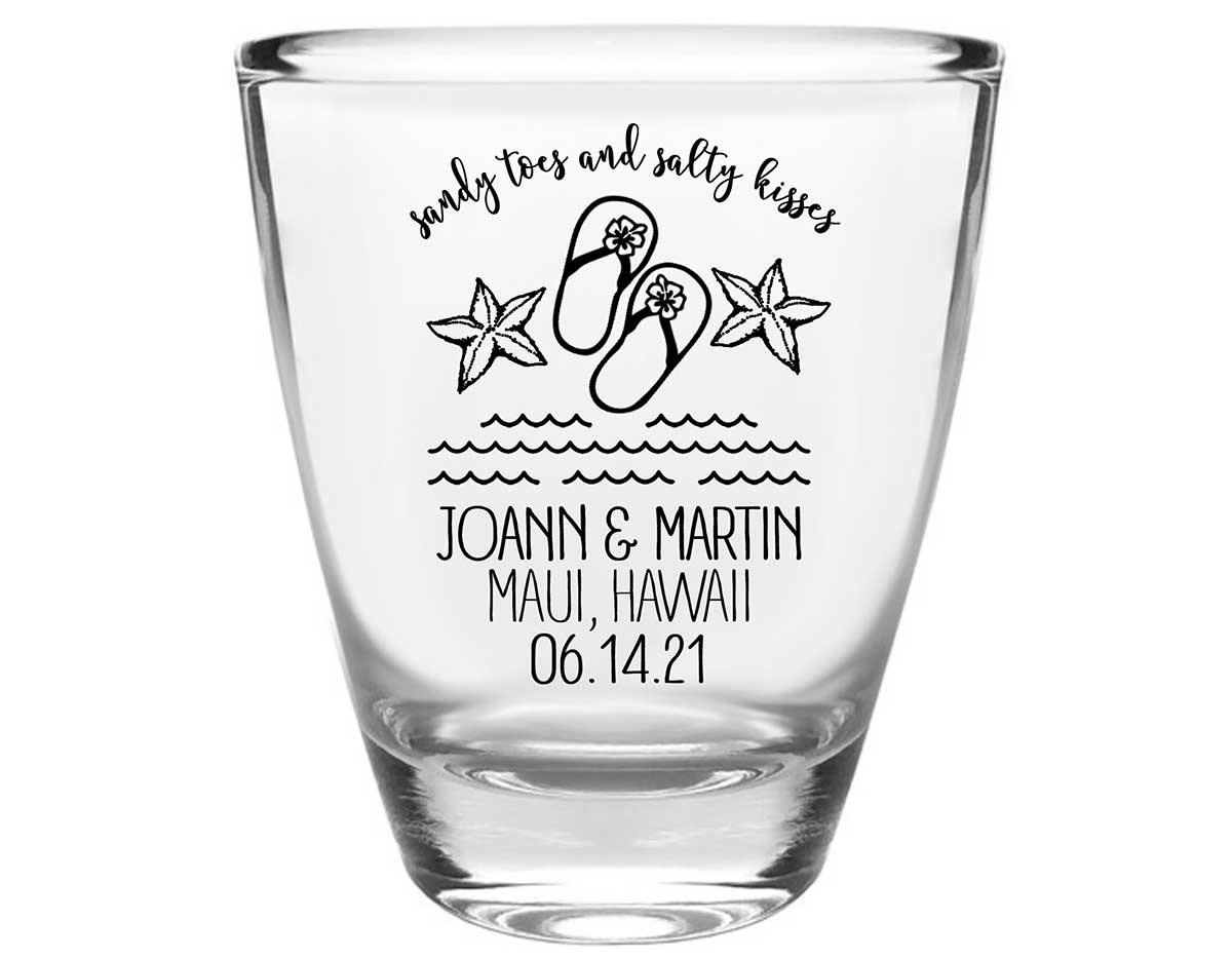 Sandy Toes & Salty Kisses 2A Clear 1oz Round Barrel Shot Glasses Beach Wedding Gifts for Guests