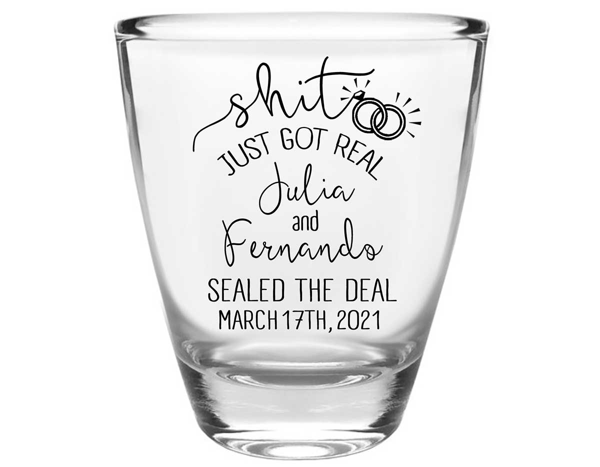 Shit Just Got Real 1B Clear 1oz Round Barrel Shot Glasses Funny Wedding Gifts for Guests