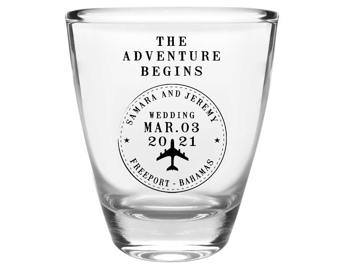 The Adventure Begins 2A Travel Stamp Clear 1oz Round Barrel Shot Glasses Destination Wedding Gifts for Guests