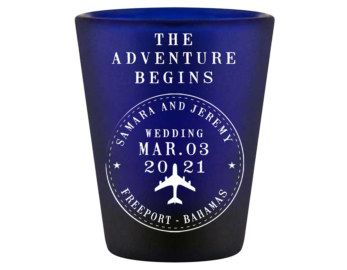 The Adventure Begins 2A Travel Stamp Standard 1.5oz Blue Shot Glasses Destination Wedding Gifts for Guests