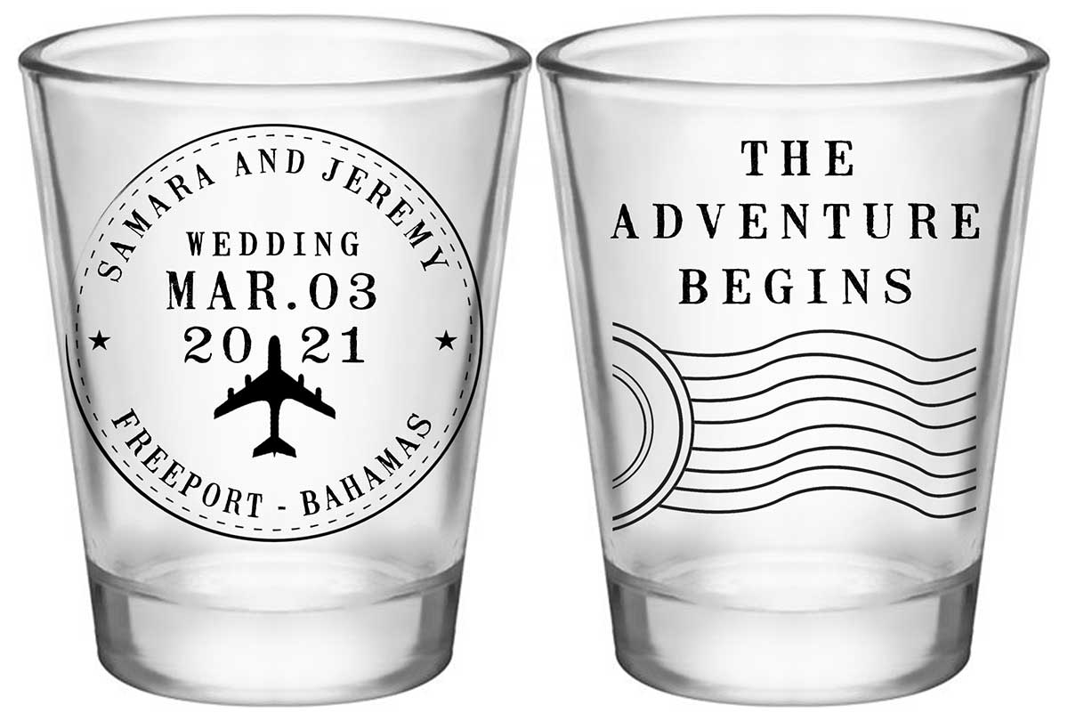 The Adventure Begins 2A2 Travel Stamp Standard 1.75oz Clear Shot Glasses Destination Wedding Gifts for Guests