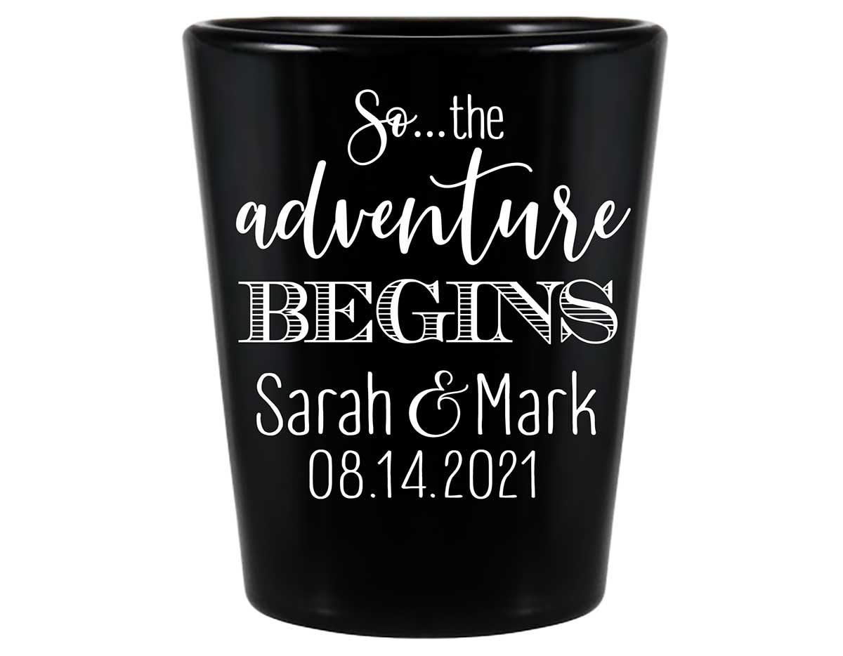 The Adventure Begins 3A Standard 1.5oz Black Shot Glasses Destination Wedding Gifts for Guests